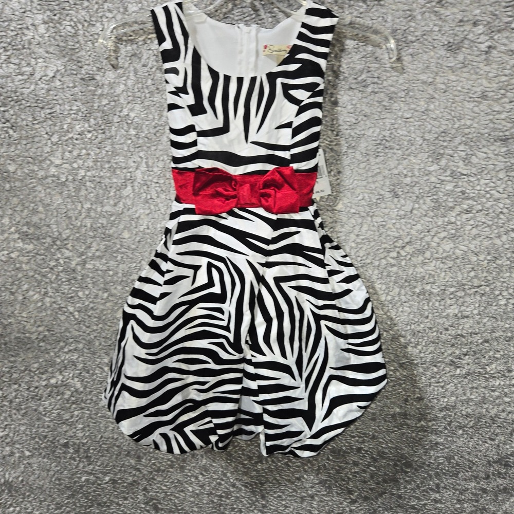 Speechless Girls Zebra Print Dress Red Bow Bubble Hem Black White Size 8 NWT